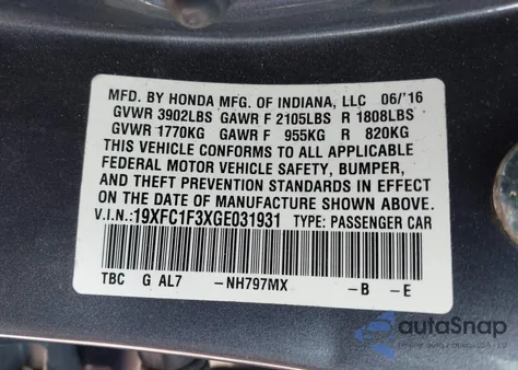 2016 Honda Civic Ex-T z USA, uszkodzony, nr VIN 19XFC1F3XGE031931